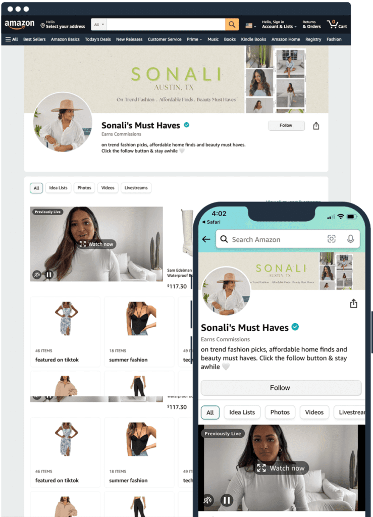 Example of an Amazon Influencer storefront on both desktop and mobile views