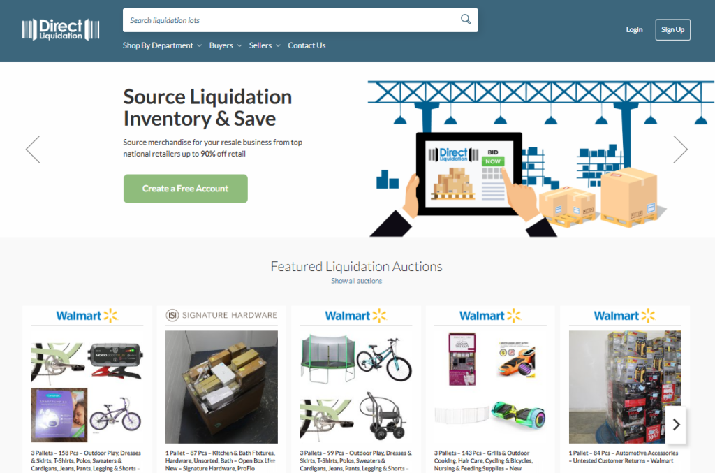 A screenshot of Direct Liquidation platform who partners with Amazon Target and Walmart to liquidate pallets.