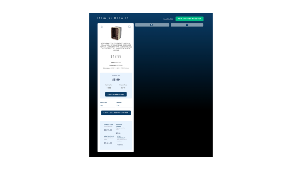 Data displayed in Viral Launch's FBA calculator.