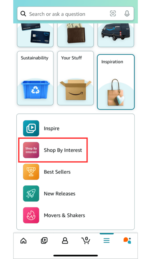 Where to select shop by interest in the amazon app.