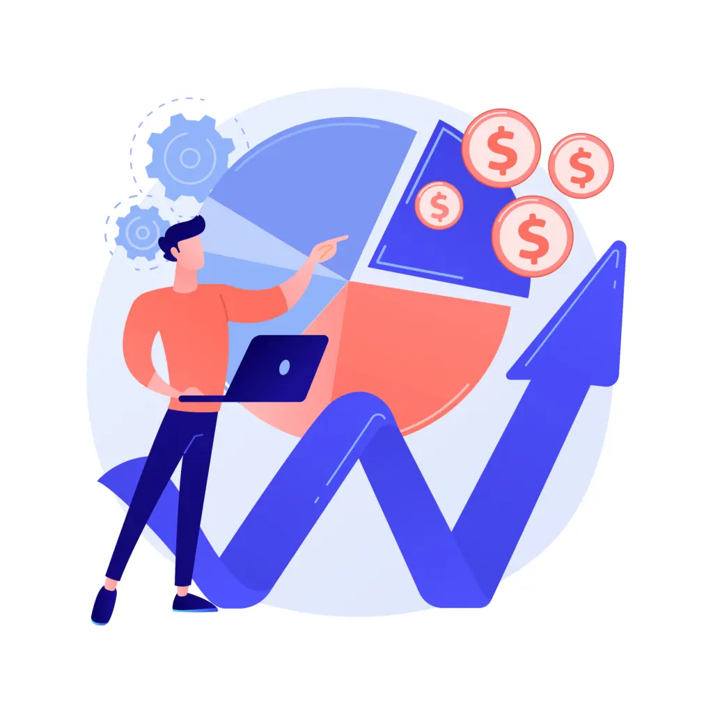 A graphic with a man holding a laptop pointing at dollar signs and a chart going up.