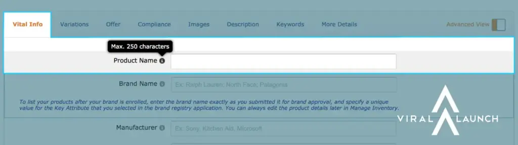 Vital Info Tab under the amazon product information to optimize the product name for character limits in amazon seller central