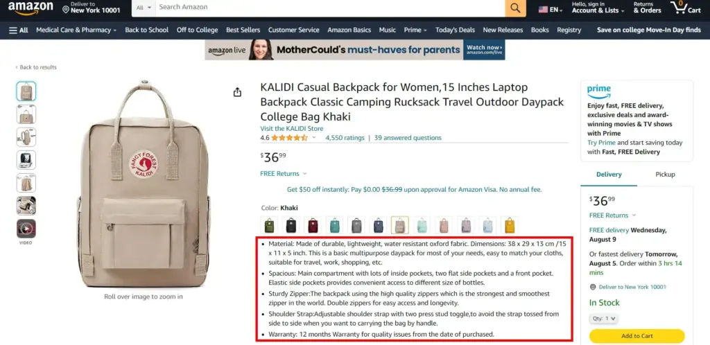 An image of an Amazon product listing highlighting clear and concise language in the product description.