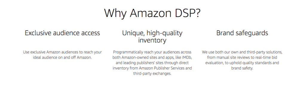Infographic explaining Amazon DSP or Amazon demand-side platform which allows sellers to reach audiences on Amazon sites as well as through publishing partners and third-party exchanges. 