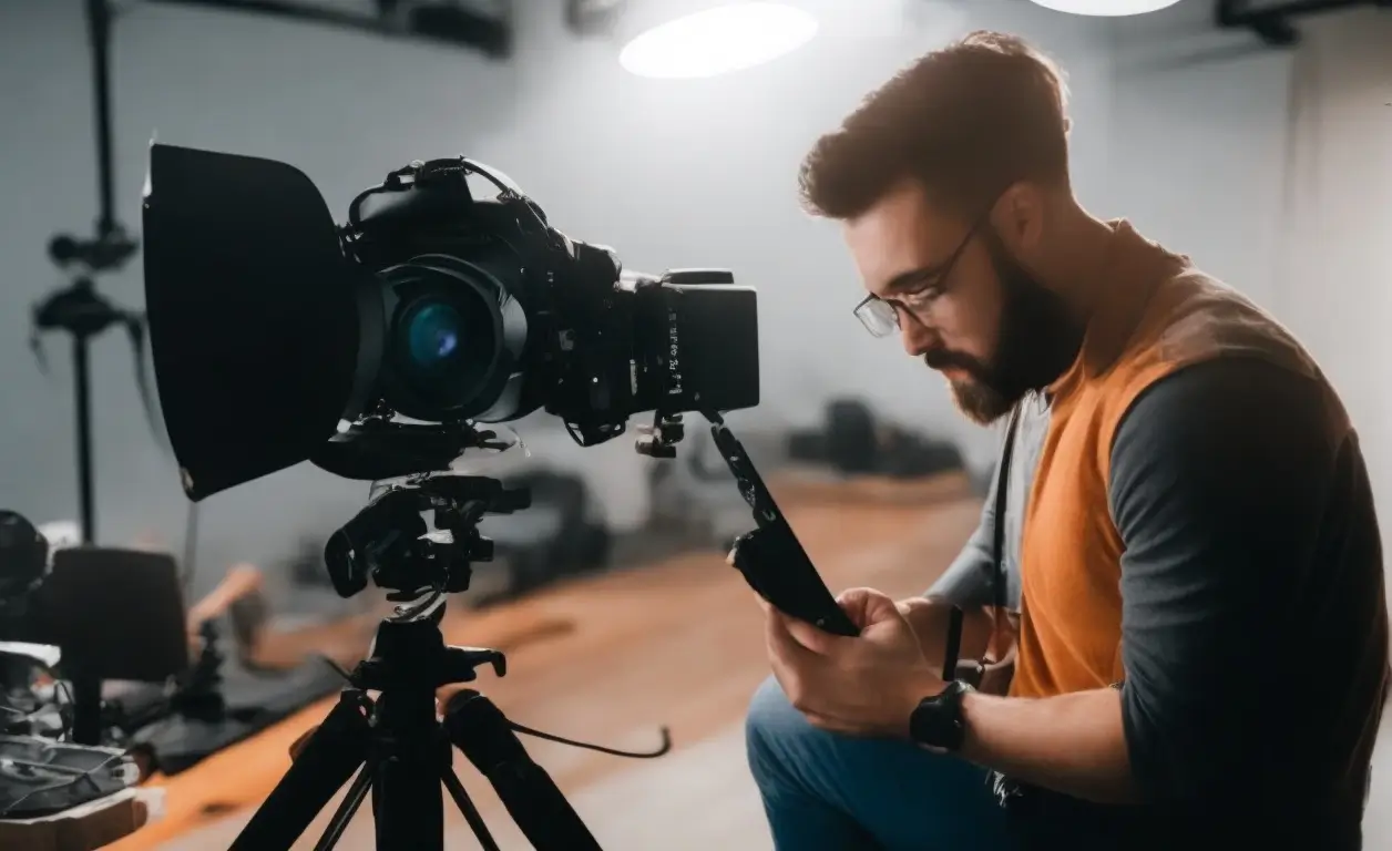 A videographer creating a product video. There are various tools in the image including a camera, stand, screen, and lighting.