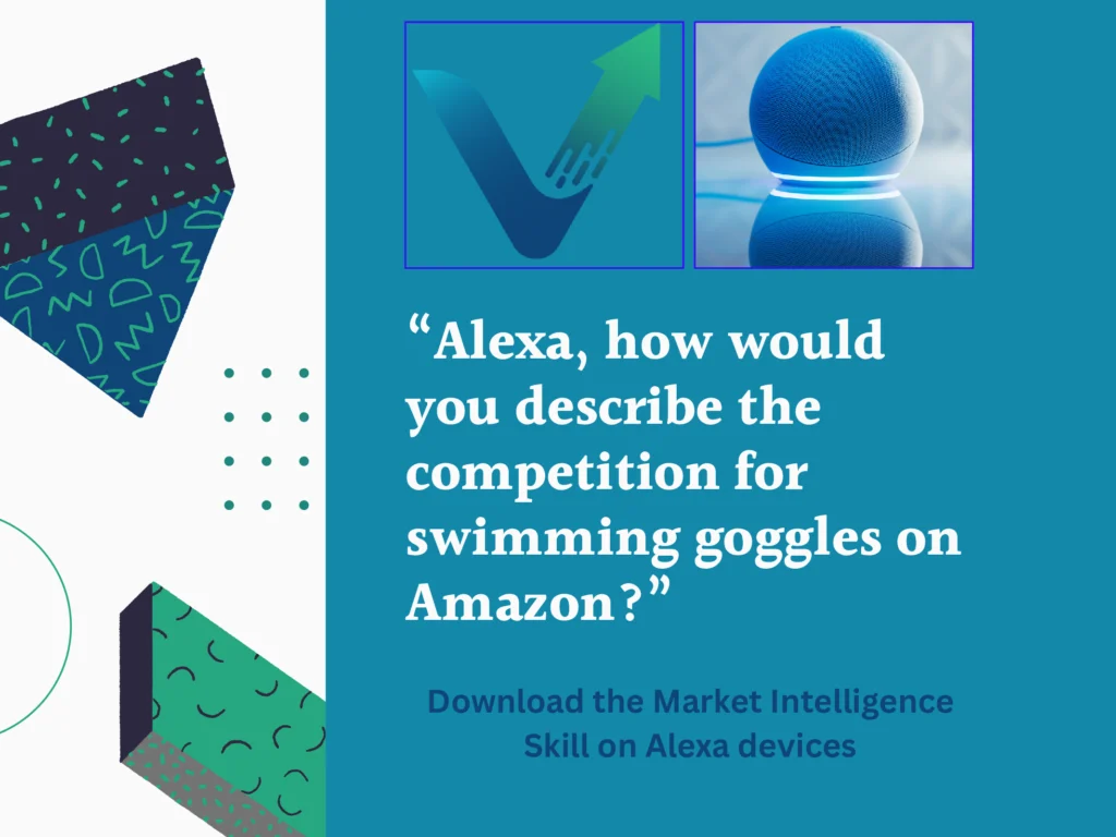 A graphic with a quote saying "Alexa how would you describe the competition for swimming goggles on Amazon?"