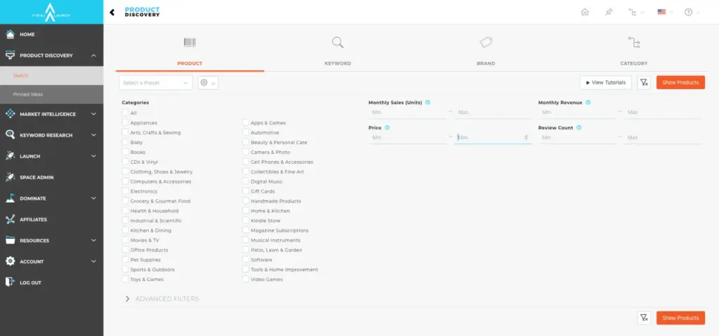 Viral Launch's Product discovery tool home screen which allows users to find products that meet their criteria in their Amazon FBA for Beginners journey