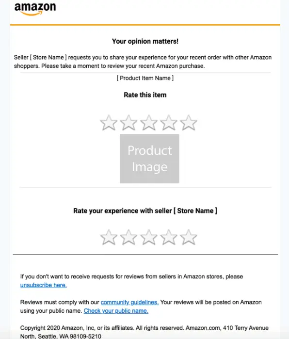 Amazon request review email example that would be sent to customers