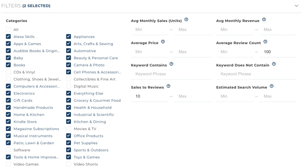 A screenshot of Viral Launch's Product Discovery tool filtering out Amazon's restricted categories. 