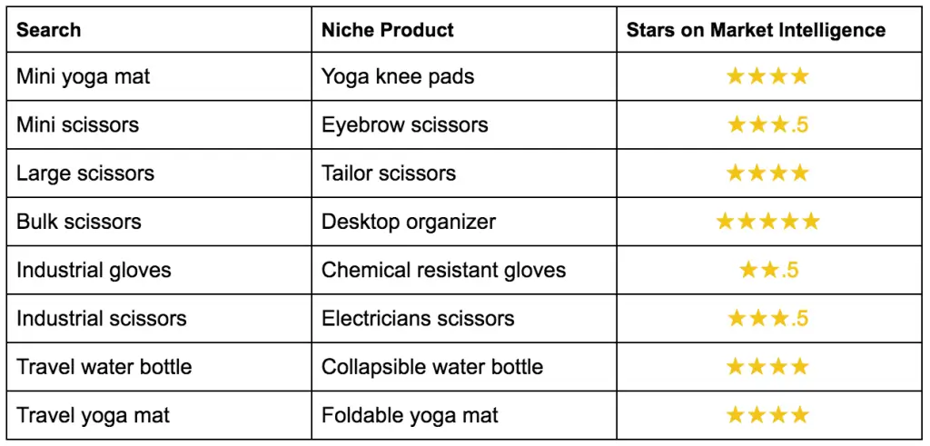 Niche product markets and Ideas for Amazon Products in a chart