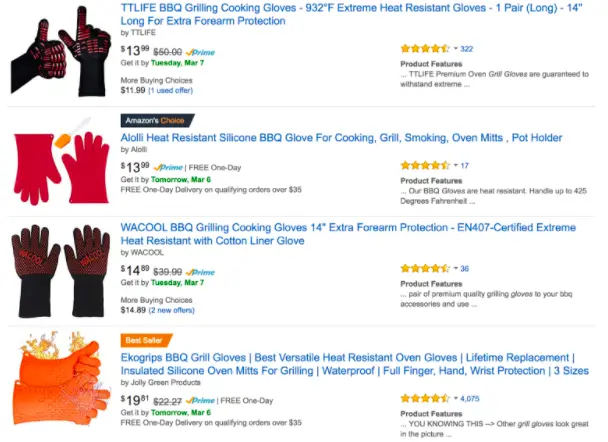 Grill gloves amazon search results showing relevant products