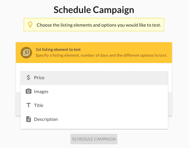 Screenshot of Scheduling an Amazon Split Testing Campaign and the listing elements you can test