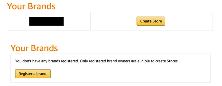 Screen showing that if your brand is in the Amazon Brand Registry you can create your store or register your brand first