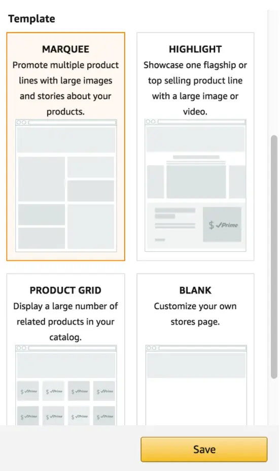 Templates sellers can choose from when setting up their Amazon storefronts