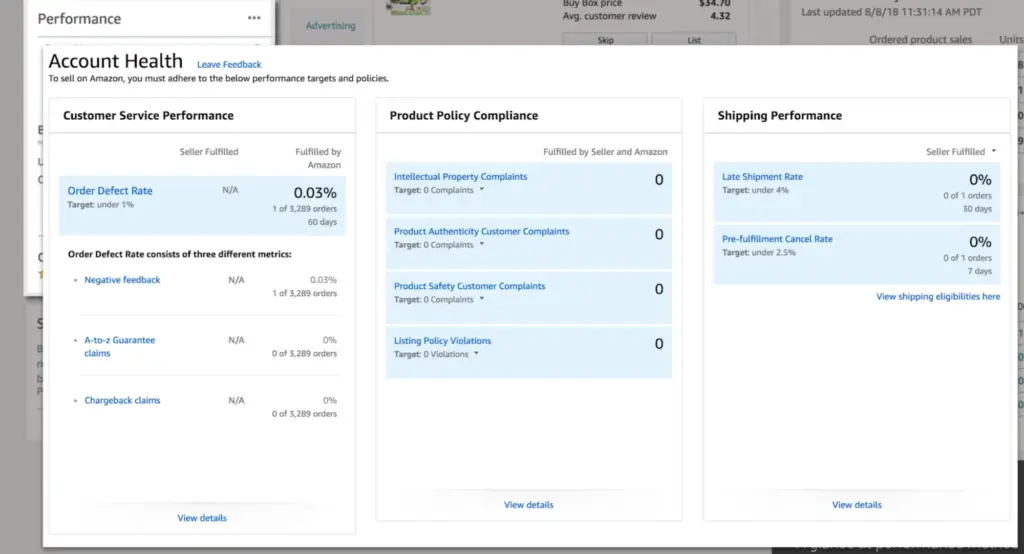 Amazon Account Health showing a healthy order defect rate (odr) of under 1%