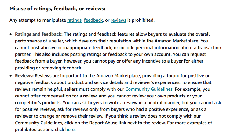 The Amazon terms of service for reviews explaining that sellers may not manipulate ratings, feedback, or reviews