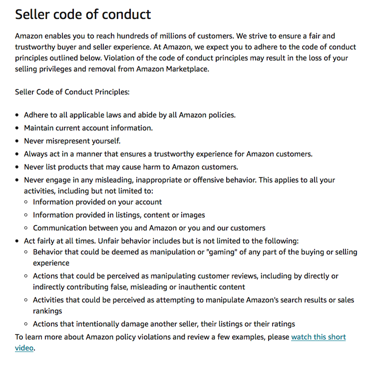 the Amazon seller code of conduct sellers must abide by or risk getting suspended