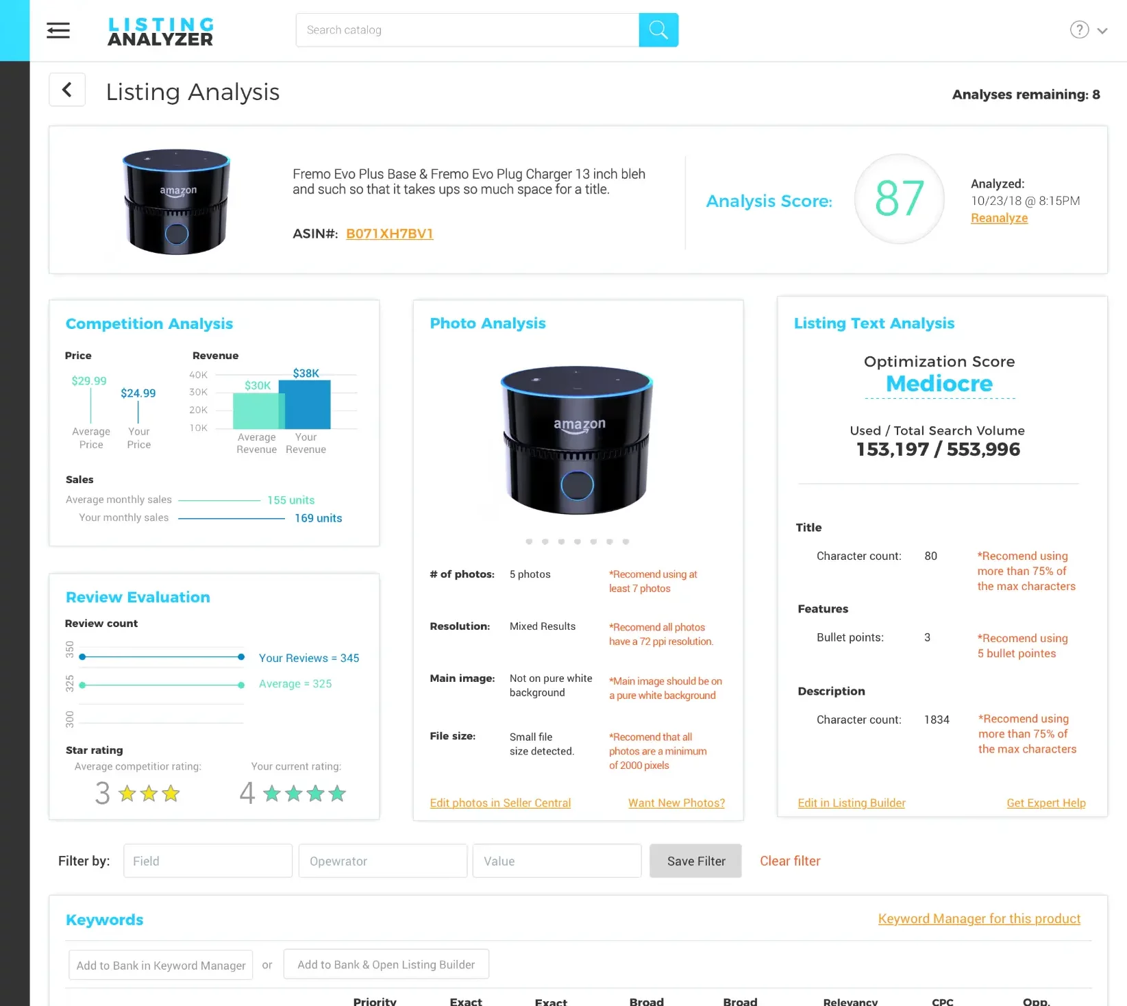 A screenshot of Viral Launch's listing analyzer which reveals how your product matches up to top competitors in your market.