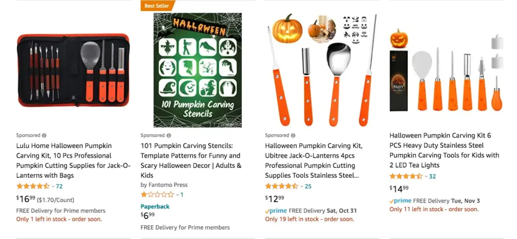A screenshot from Amazon showing low stock in pumpkin carving kits for Halloween 2020