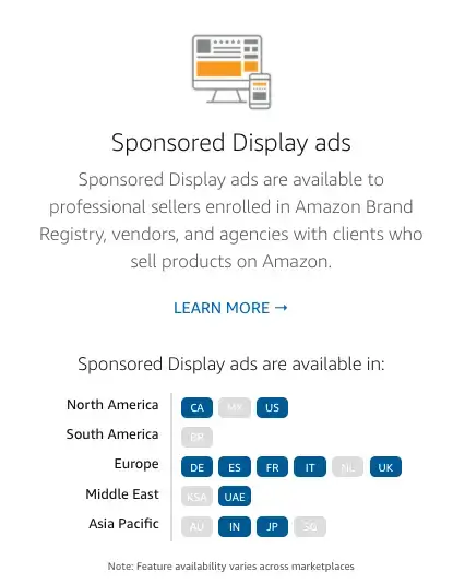 Graphic showing countries where Amazon sponsored display ads are available as an Amazon ppc tool 