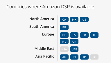 A graphic depicting countries where Amazon DSP (demand-side platform) is available.