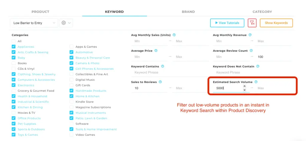 Display of how to search by Estimated Search Volume in Viral Launch's Amazon Product Discovery amazon seller tool.