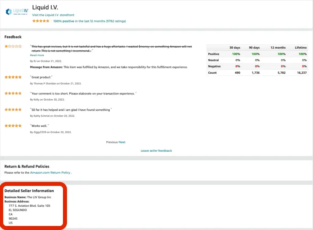 An example of how the amazon seller Business Name and Address appear to customers within a Seller Profile.