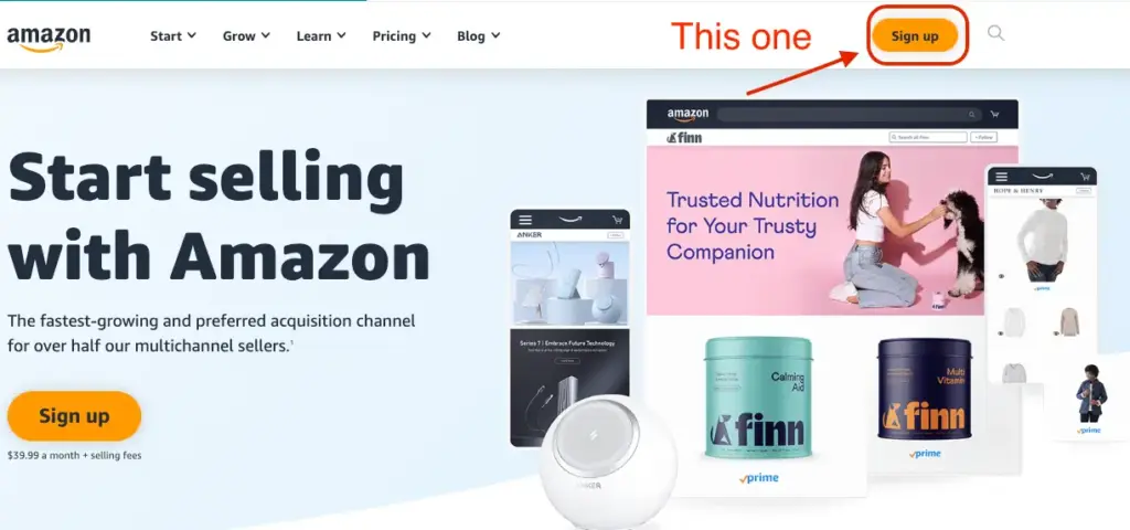 The Amazon Seller Central login page with an arrow showing the sign up button