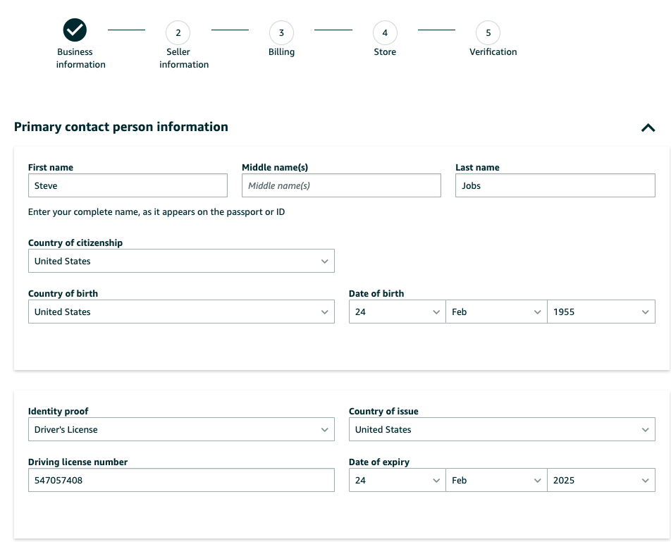 Provide accurate and up-to-date info on the Seller Information form during the Seller Central signup process.