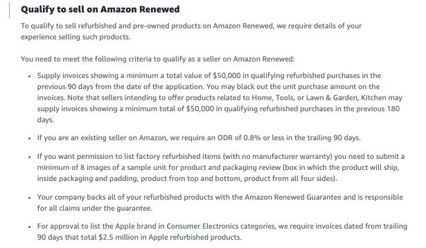 An image displaying the information about how to qualify to sell on Amazon Renewed.