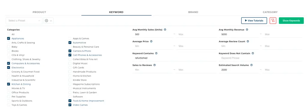 A screenshot of an inside look into Viral Launch's Product Discovery tool. The graphic is displaying keyword data based on a customers search filters.