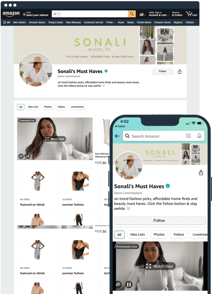 Example of an Amazon Influencer storefront on both desktop and mobile views