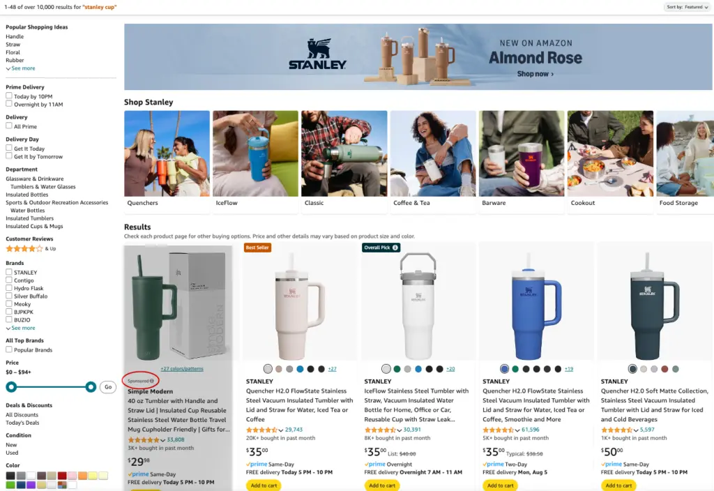 An example of how bidding for a keyword on Amazon allows a seller's product to appear for a customer.