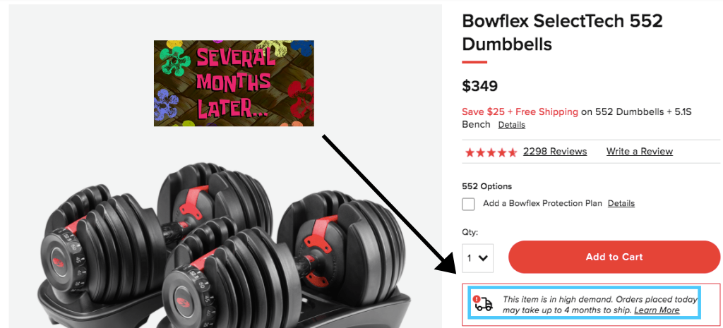 Bowflex workout item with a 4 month waiting period to ship.