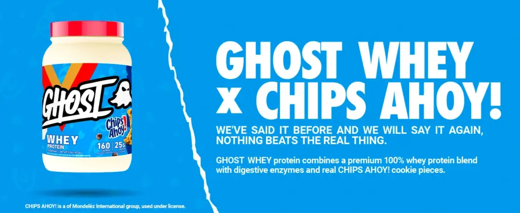 Ghost whey protein collaboration with Chips Ahoy high quality graphic informs the customers and looks great.