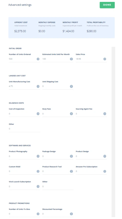 A graphic showing the advanced settings in Viral Launch's FBA profit calculator.