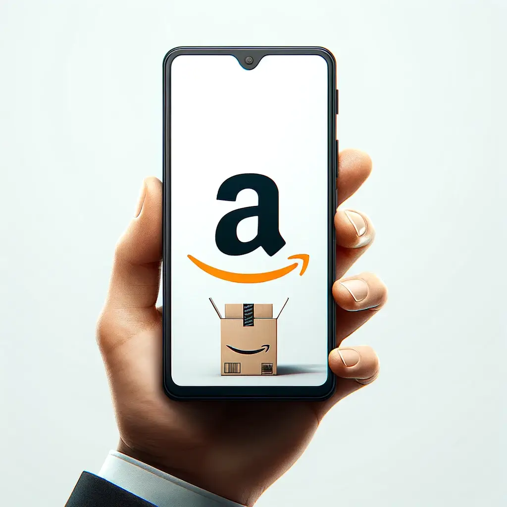 close up of a cell phone in a persons hand. White screen displaying the amazon logo and box.