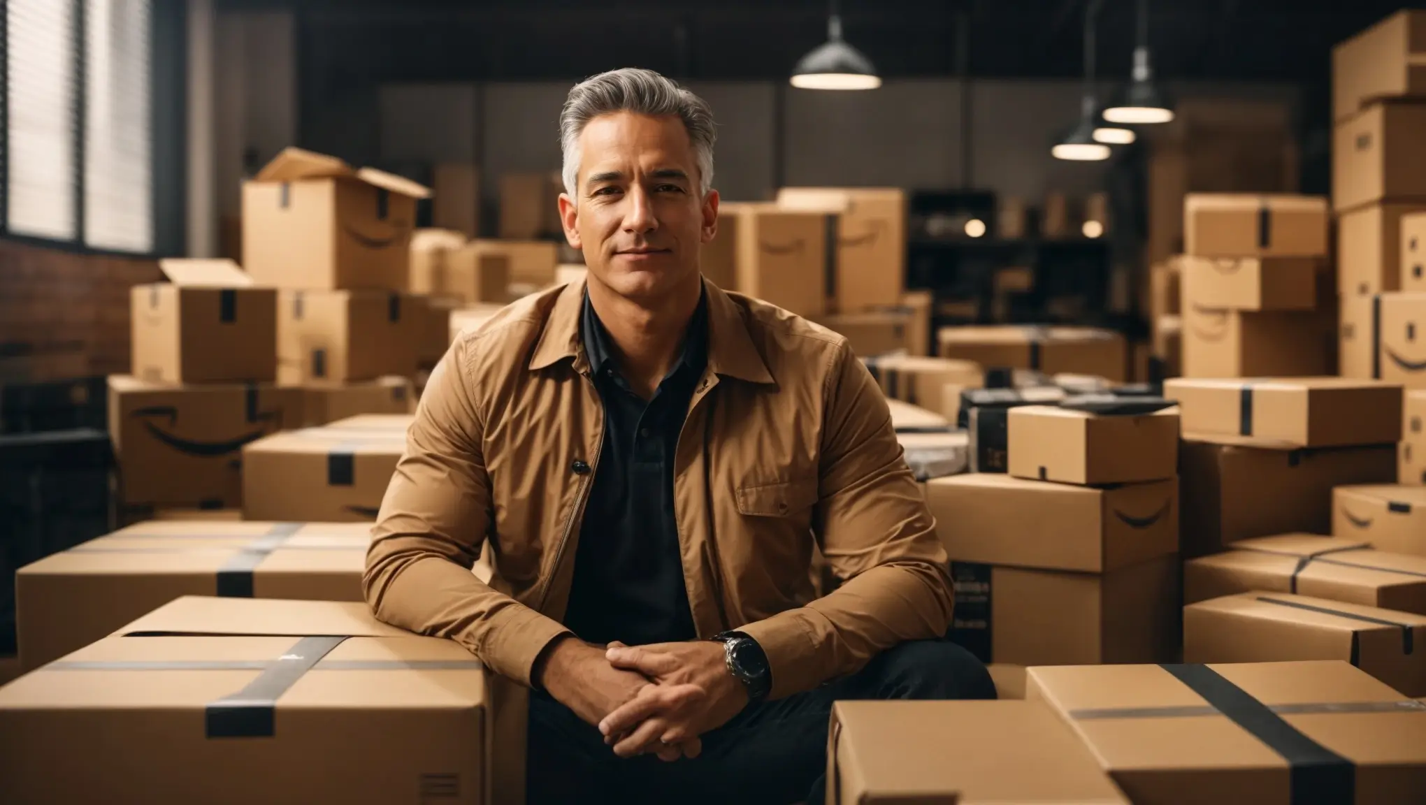 An image of an Amazon business owner sitting next to numerous shipping boxes.