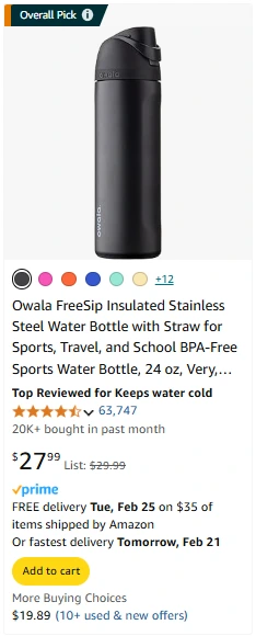 A water bottle in Amazon SERPs that has the Amazon choice badge.