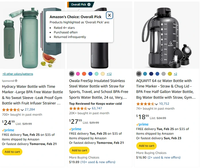 An example of amazon choice badge when searching water bottle. 