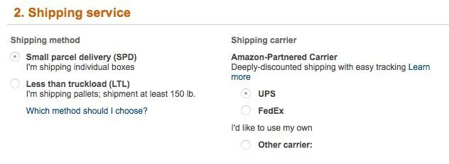 Shipping to amazon FBA method and carrier options