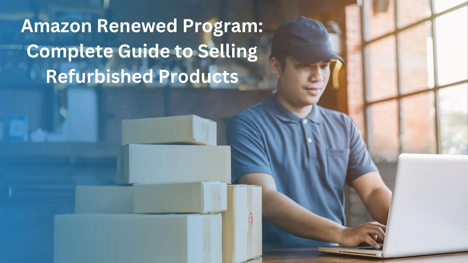 A graphic with a man working on his laptop next to various shipping boxes. Text on the image says Amazon renewed program: complete guide to selling refurbished products.