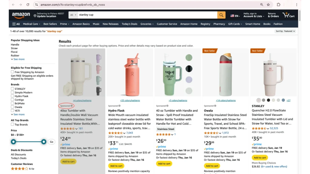 An example of how bidding for a keyword on Amazon allows a seller's product to appear for a customer.