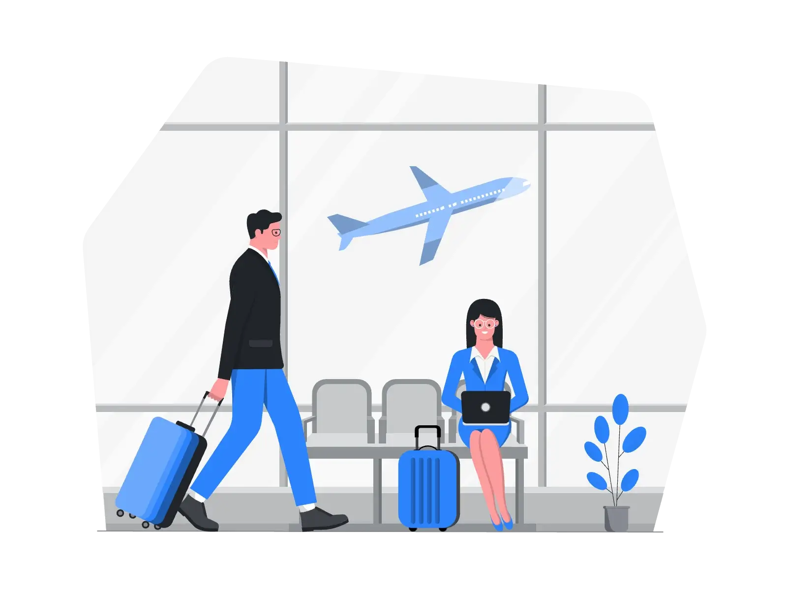 Graphic showing people at an airport with a plane taking off in the background.