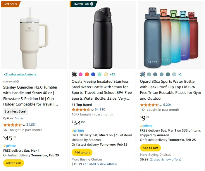 an example of Amazon's Best Seller Badge vs. Amazon's Choice Badge.