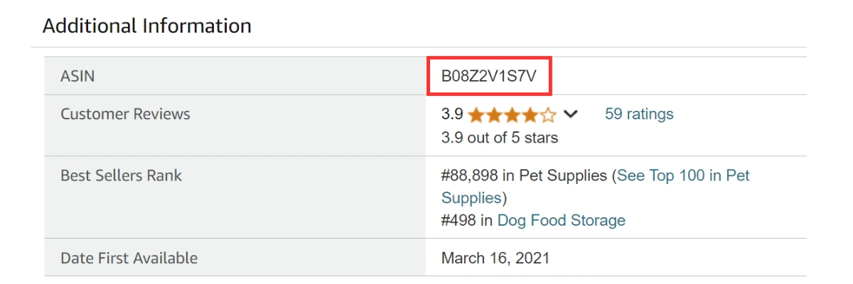 Example of a product listing’s ASIN found under the “Additional Information” section on a product page.