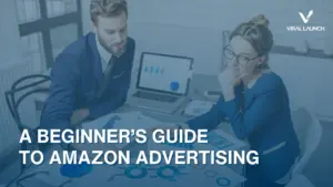 A graphic wth a young man and woman discussion the various Amazon Ad Types with text that reads "A beginners guide to Amazon Advertising"