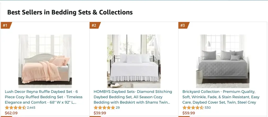 A picture of best selling bed sets and collections on Amazon.