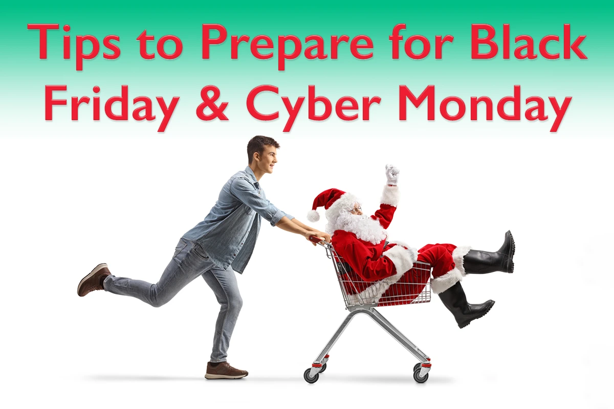 A graphic showing Santa in a shopping cart with the text "Tips to prepare for Black Friday and Cyber Monday".