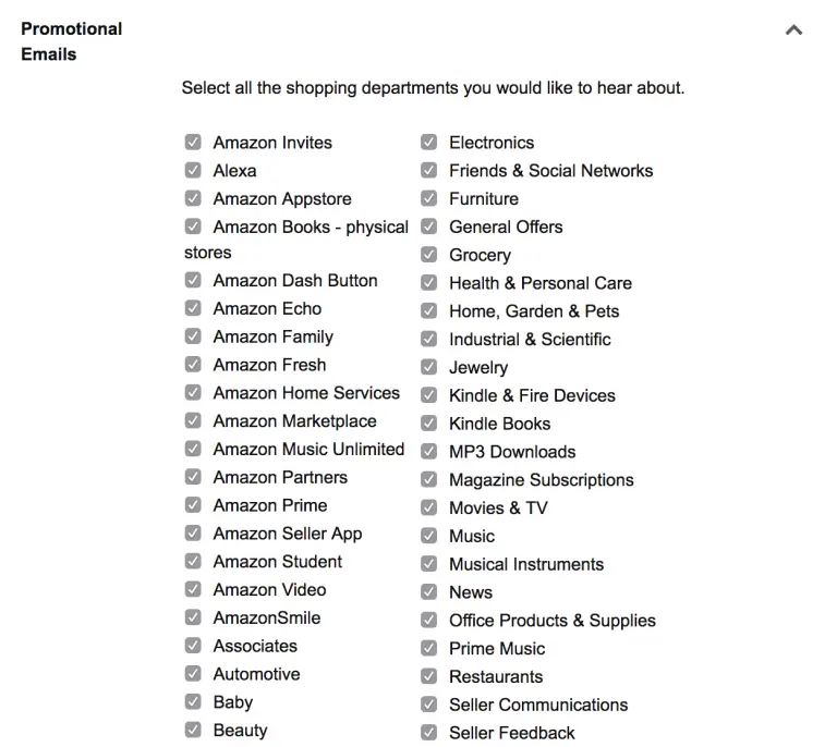 Amazon buyers options for opting out of Promotional Emails in their message preferences